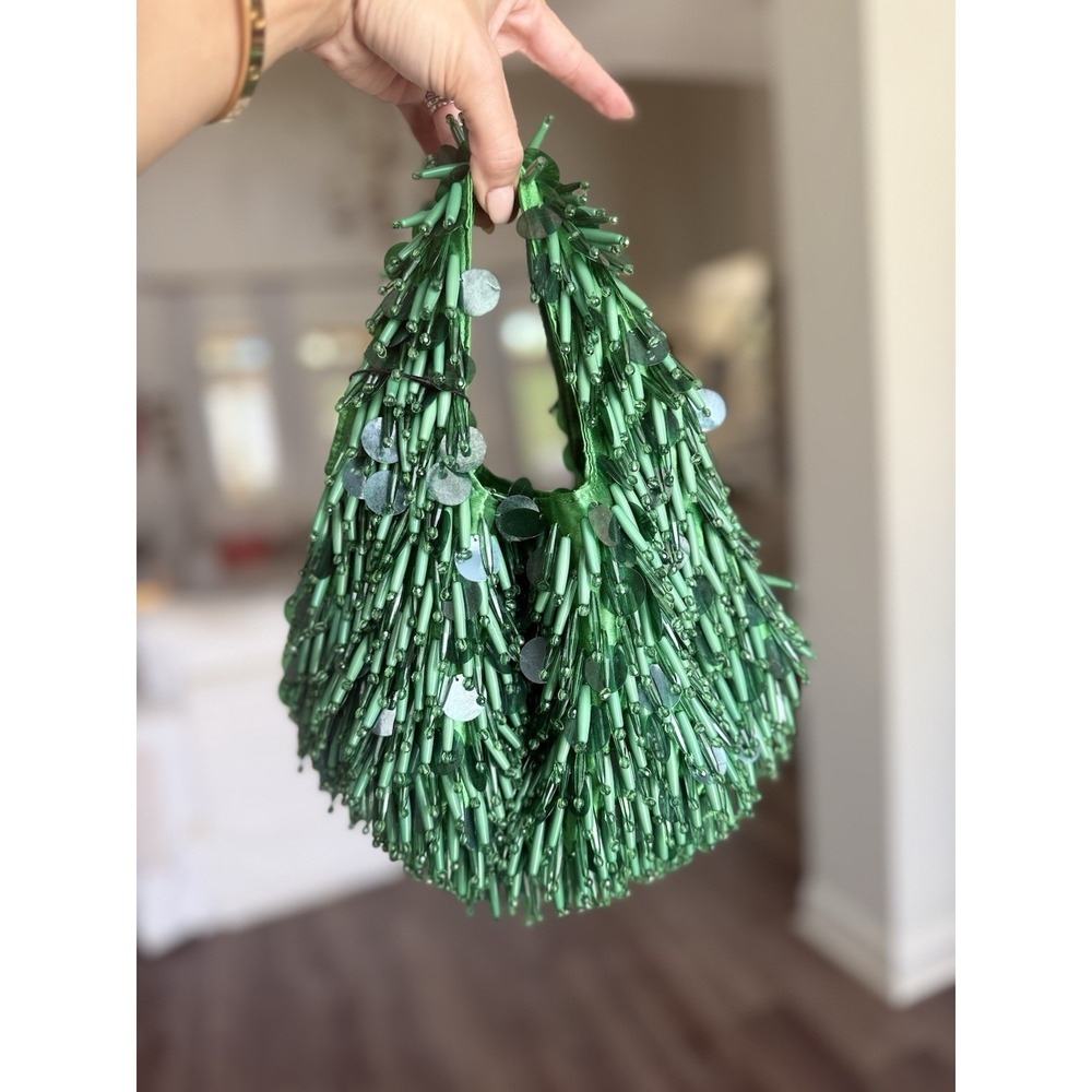 Zara Green Beaded Sequin Satin Statement Glam Hobo Handbag Evening Purse Bag - Picture 4 of 12
